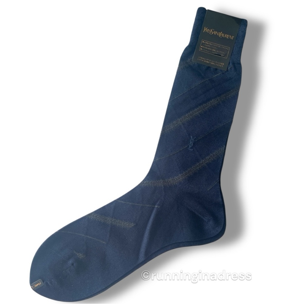 YSL Logo Men's Geometric Pattern YSL
Embroidery Dress Socks In Blue & Brown - Picture 6 of 9